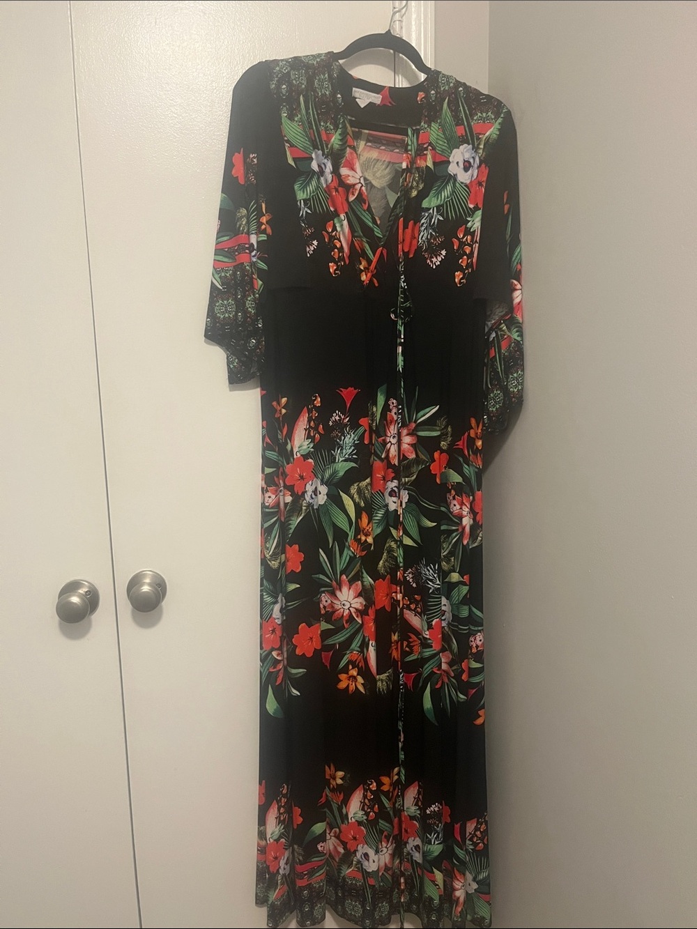 New York & Company Black Maxi Dress with Red and Green Floral Print